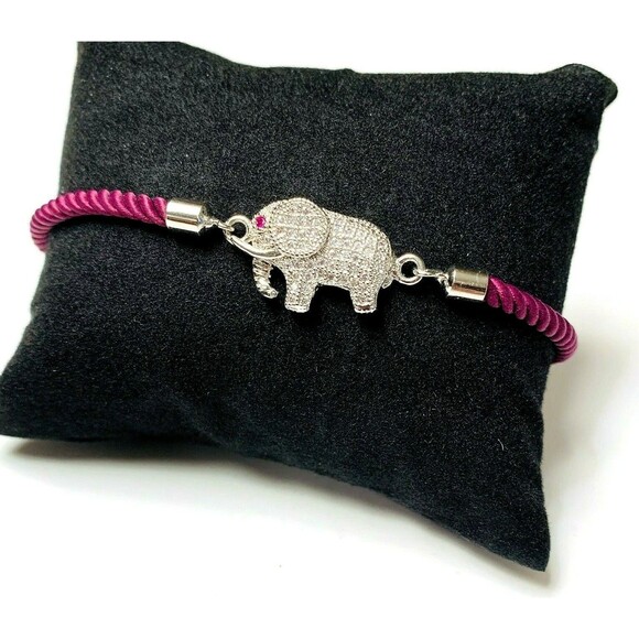 Pavé CZ Elephant Bracelet Red Eye Rhodium Plated Silvertone Adjustable Red Cord - Picture 6 of 16